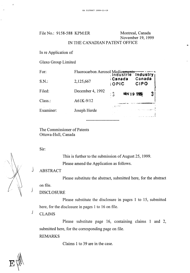 Canadian Patent Document 2125667. Prosecution-Amendment 19981219. Image 1 of 2