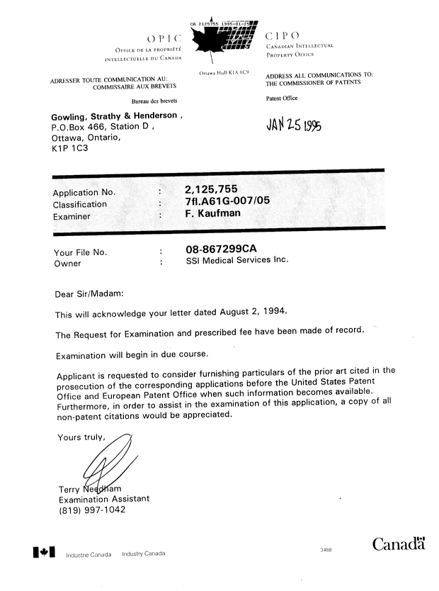 Document de brevet canadien 2125755. Avis d'abandon 19950125. Image 1 de 1