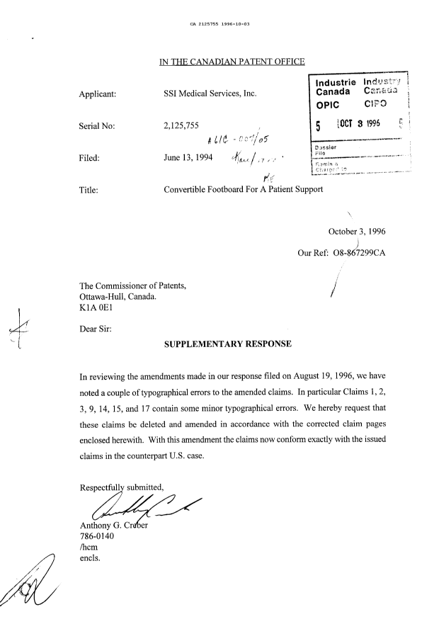 Canadian Patent Document 2125755. Prosecution Correspondence 19961003. Image 1 of 1