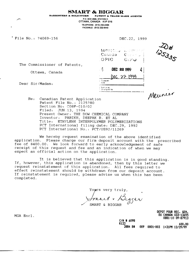 Canadian Patent Document 2125780. Prosecution-Amendment 19991222. Image 1 of 1