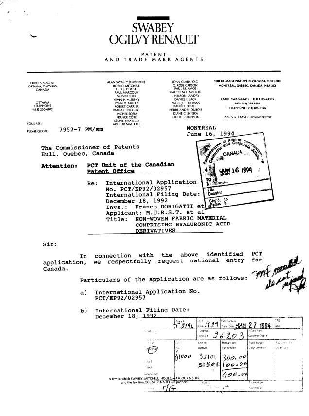 Document de brevet canadien 2126085. Cession 19940616. Image 1 de 10