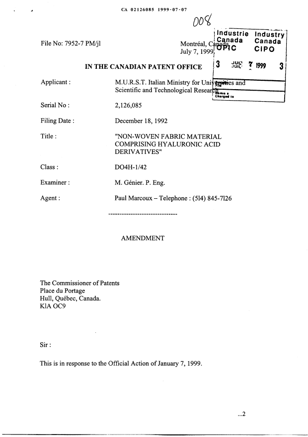 Document de brevet canadien 2126085. Poursuite-Amendment 19990707. Image 1 de 8