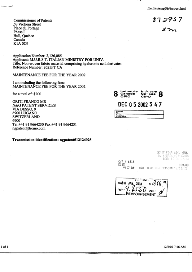 Document de brevet canadien 2126085. Taxes 20021205. Image 1 de 1