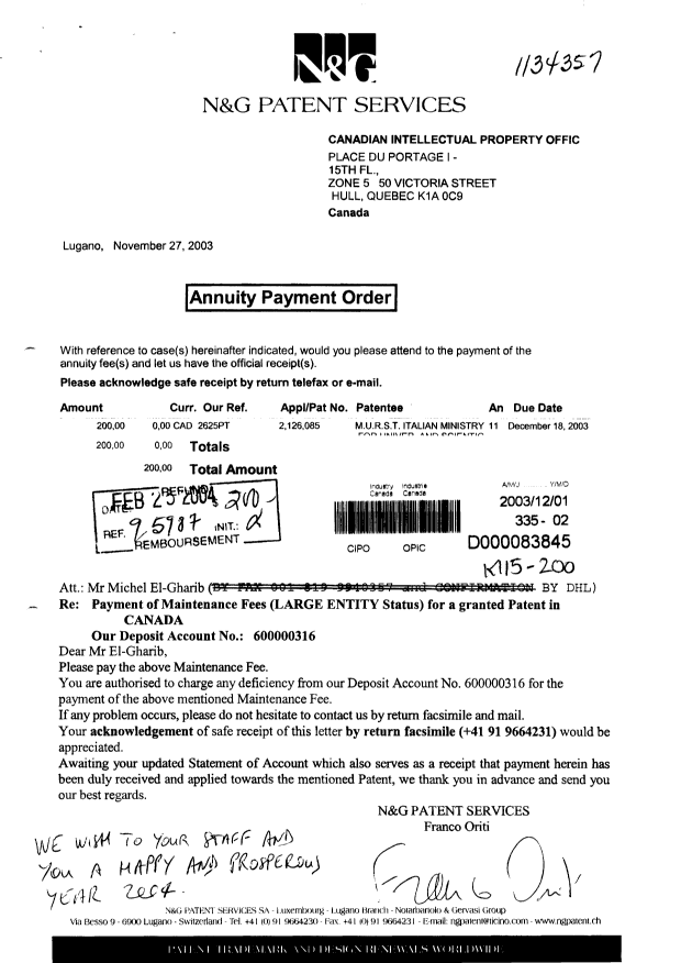 Document de brevet canadien 2126085. Taxes 20031201. Image 1 de 1