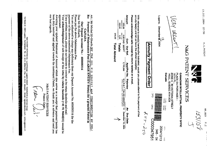 Canadian Patent Document 2126085. Fees 20041213. Image 1 of 1