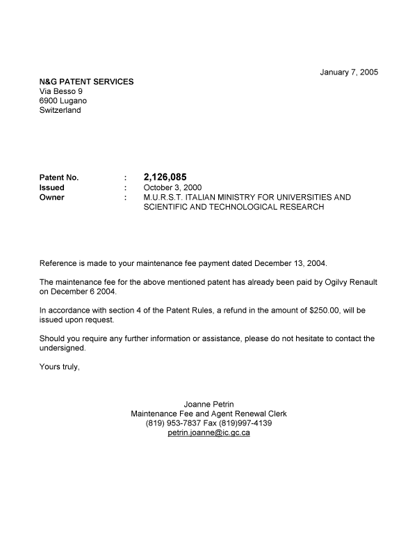 Document de brevet canadien 2126085. Correspondance 20050107. Image 1 de 1