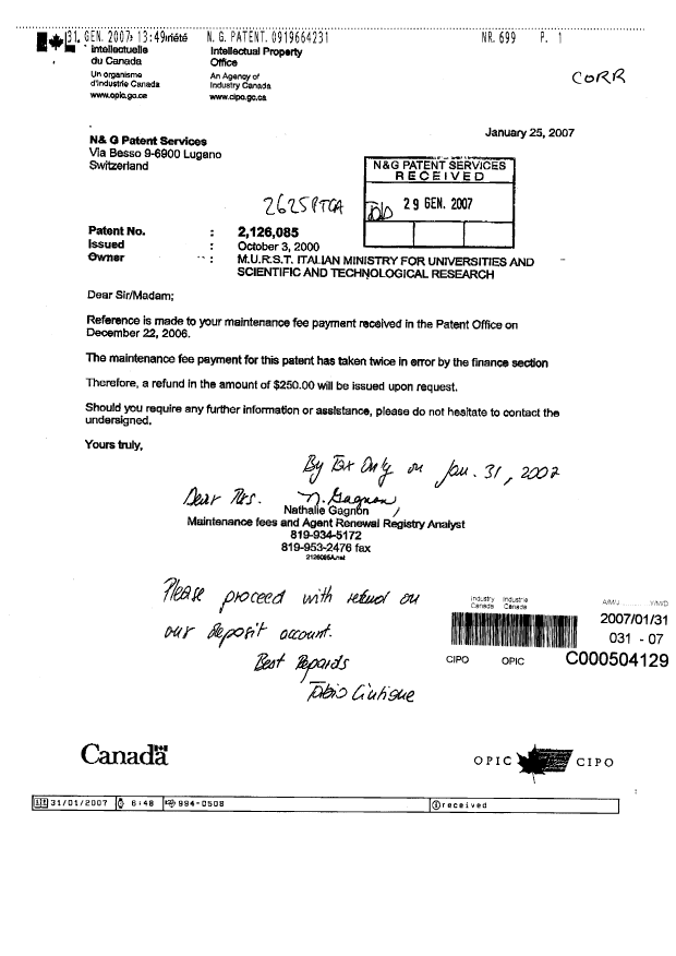 Document de brevet canadien 2126085. Correspondance 20070131. Image 1 de 1