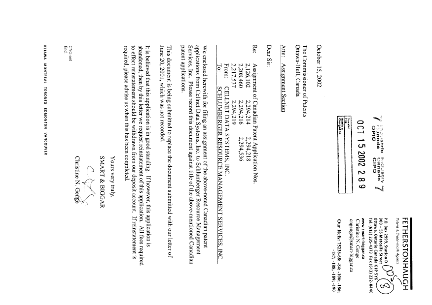 Canadian Patent Document 2126102. Assignment 20021015. Image 1 of 3