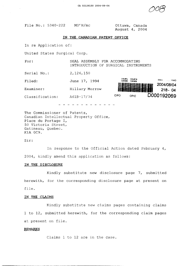 Canadian Patent Document 2126150. Prosecution-Amendment 20040804. Image 1 of 8