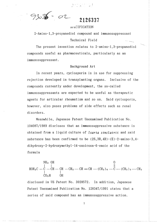 Canadian Patent Document 2126337. Description 20011106. Image 1 of 250