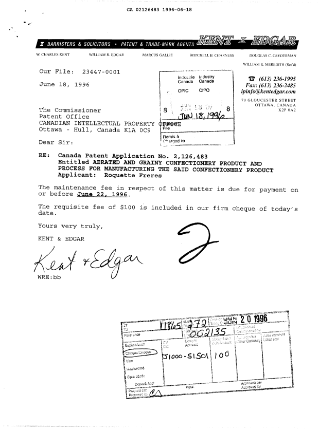 Document de brevet canadien 2126483. Taxes 19960618. Image 1 de 1