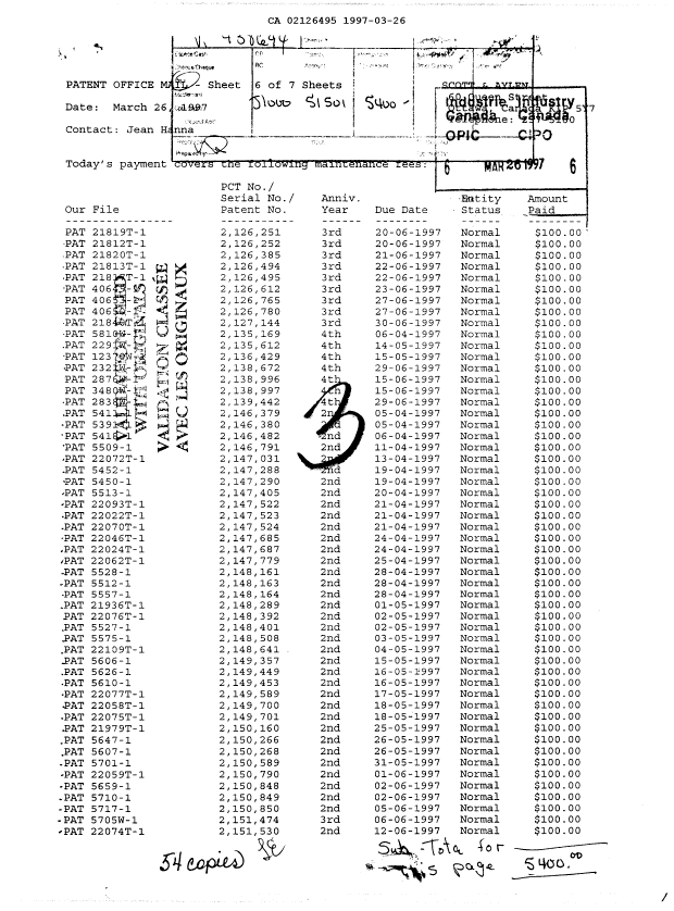 Document de brevet canadien 2126495. Taxes 19970326. Image 1 de 1