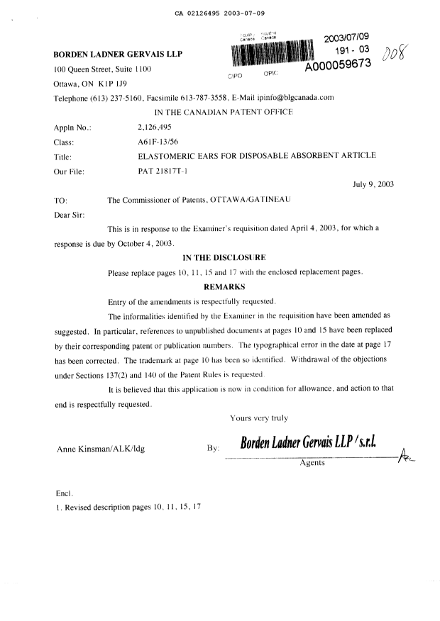 Canadian Patent Document 2126495. Prosecution-Amendment 20030709. Image 1 of 5