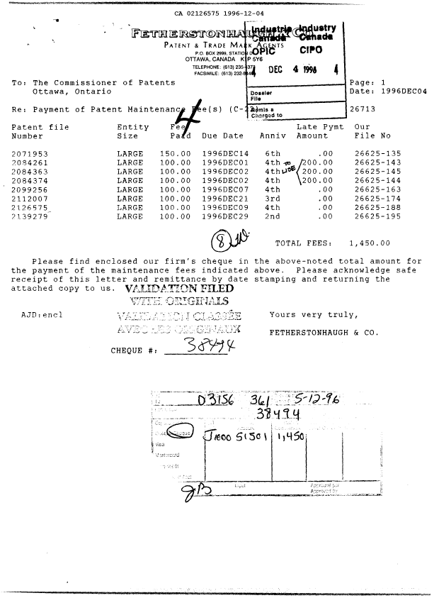 Canadian Patent Document 2126575. Fees 19961204. Image 1 of 1