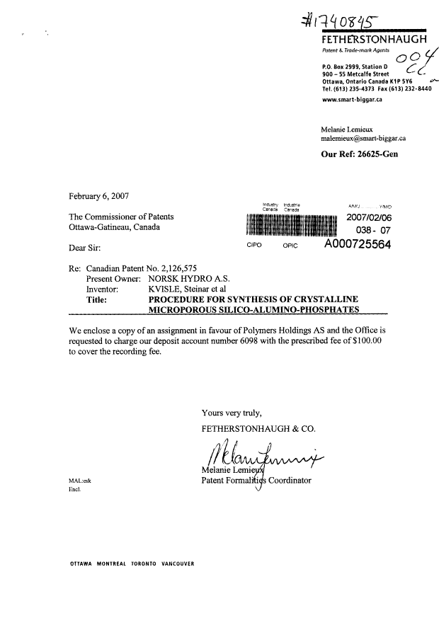 Document de brevet canadien 2126575. Cession 20070206. Image 1 de 2