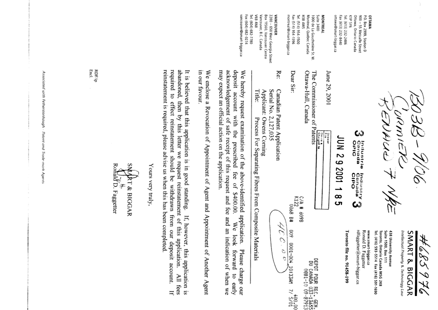 Canadian Patent Document 2127035. Prosecution-Amendment 20010629. Image 1 of 1