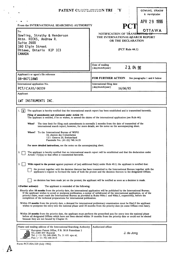 Document de brevet canadien 2127476. Rapport d'examen préliminaire international 19940706. Image 1 de 10