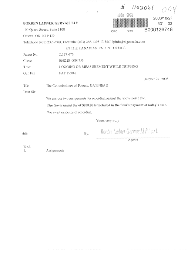 Document de brevet canadien 2127476. Cession 20031027. Image 1 de 3