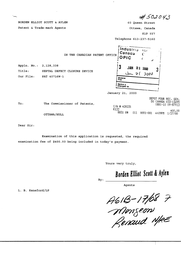 Canadian Patent Document 2128338. Prosecution-Amendment 20000121. Image 1 of 1