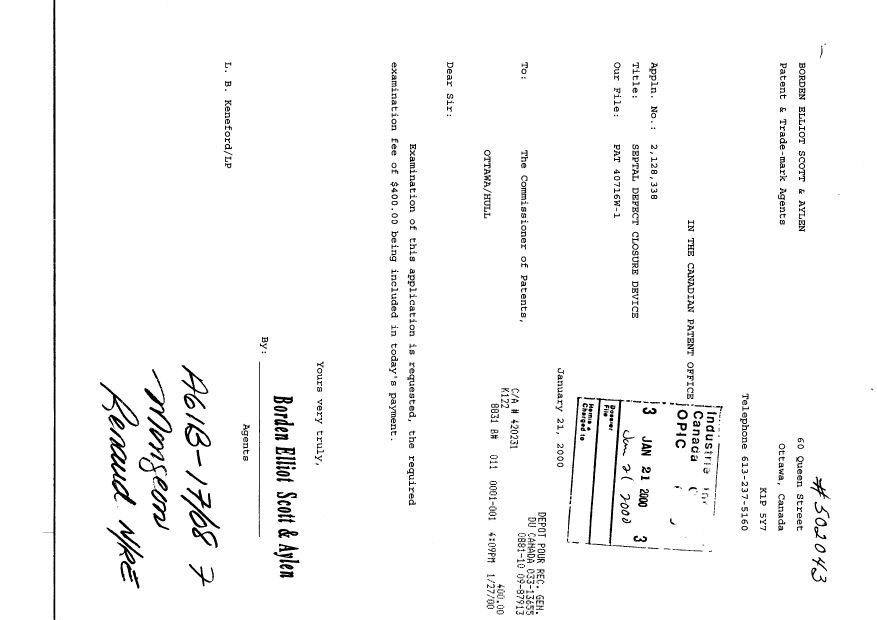 Canadian Patent Document 2128338. Prosecution-Amendment 20000121. Image 1 of 1
