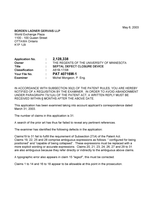 Canadian Patent Document 2128338. Prosecution-Amendment 20030506. Image 1 of 2