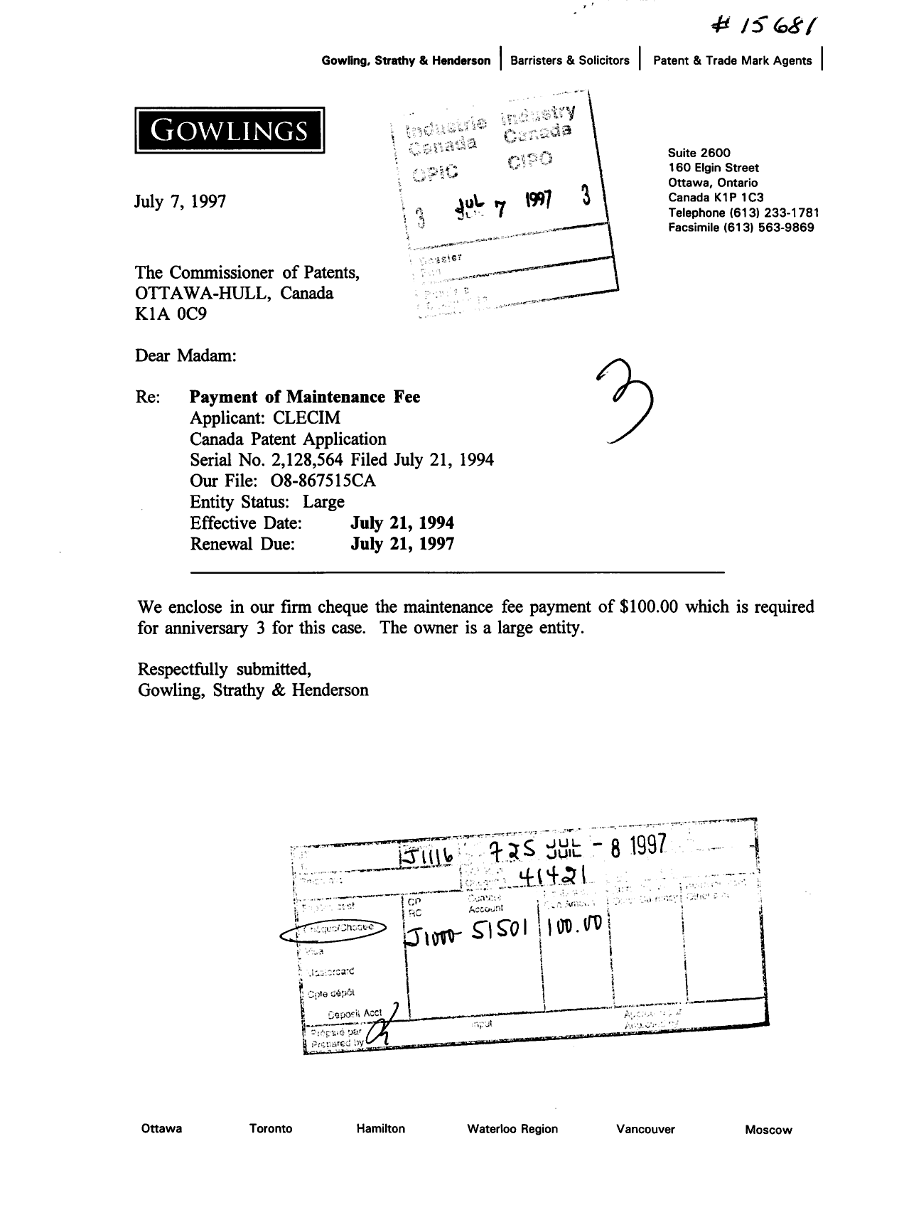 Canadian Patent Document 2128564. Fees 19970707. Image 1 of 1