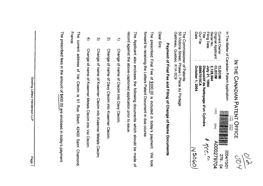 Canadian Patent Document 2128564. Correspondence 20041001. Image 1 of 2