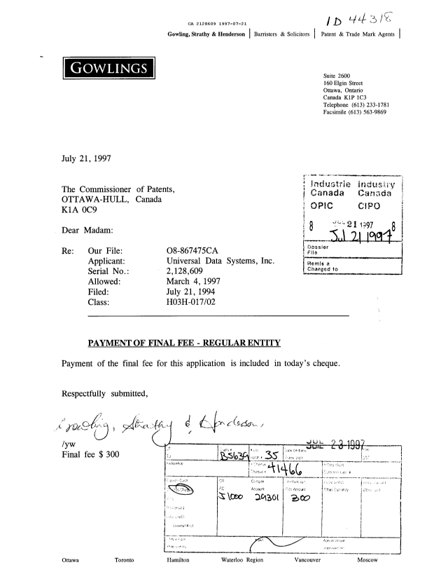 Document de brevet canadien 2128609. Correspondance reliée aux formalités 19970721. Image 1 de 1