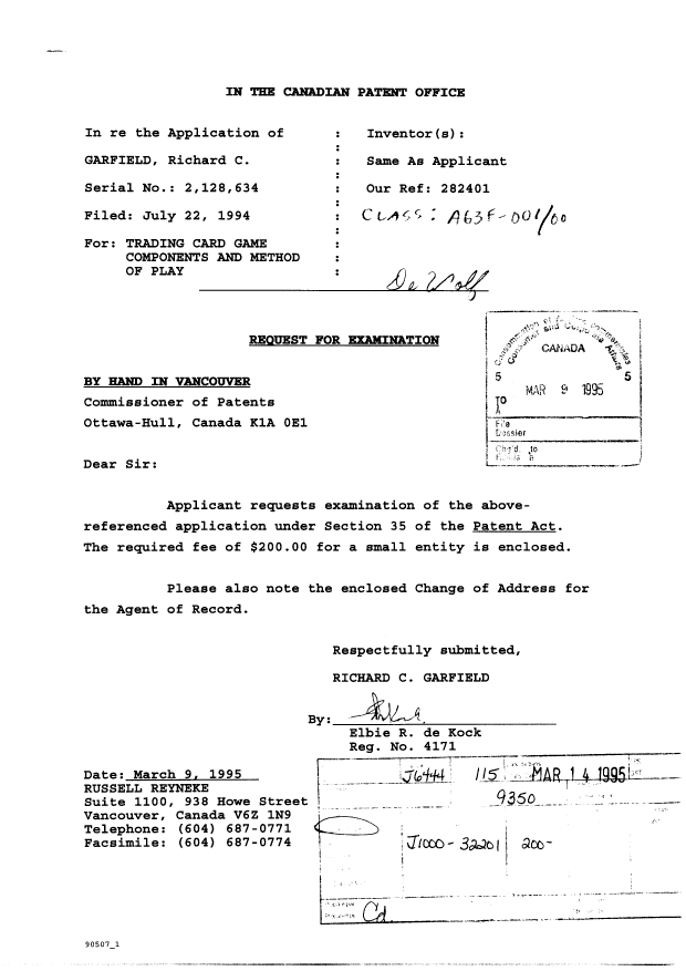 Canadian Patent Document 2128634. Prosecution-Amendment 19950309. Image 1 of 2