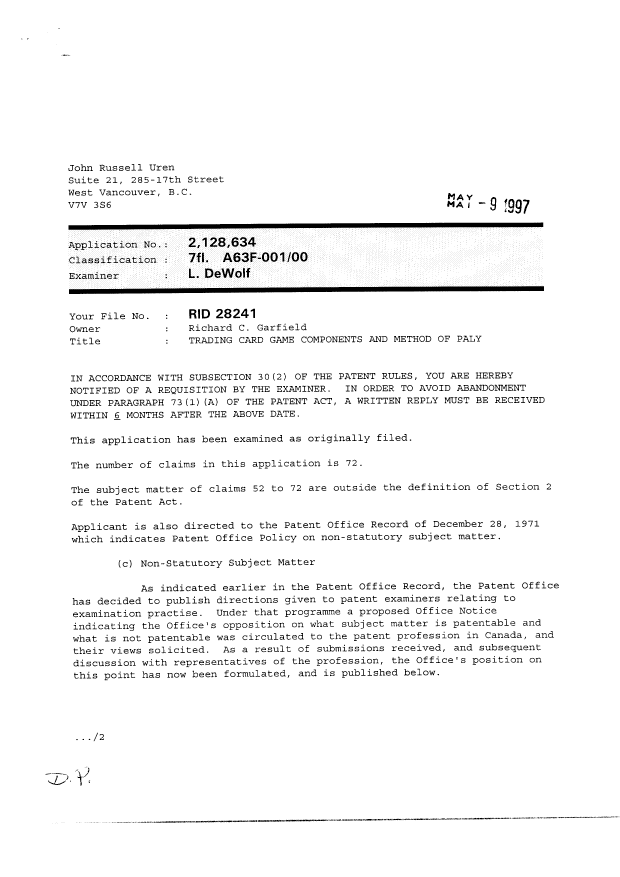 Canadian Patent Document 2128634. Prosecution-Amendment 19970509. Image 1 of 2