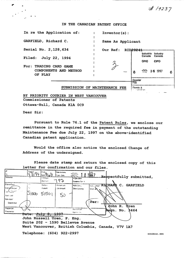 Canadian Patent Document 2128634. Fees 19970716. Image 1 of 1