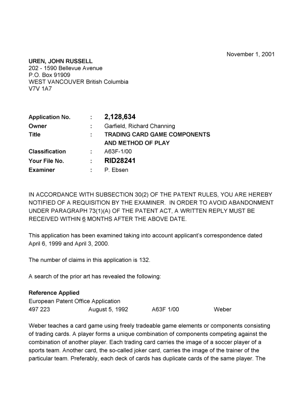 Canadian Patent Document 2128634. Prosecution-Amendment 20011101. Image 1 of 3