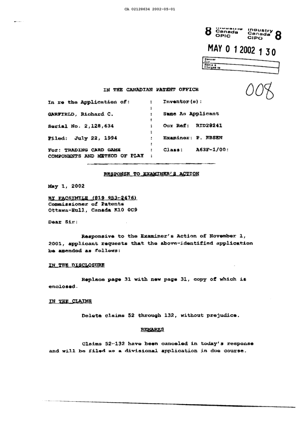 Canadian Patent Document 2128634. Prosecution-Amendment 20020501. Image 1 of 4