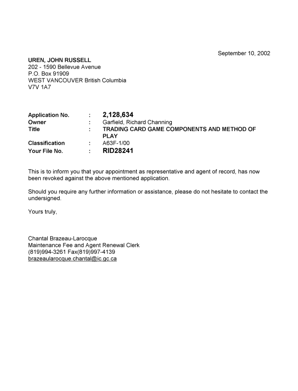 Canadian Patent Document 2128634. Correspondence 20020910. Image 1 of 1