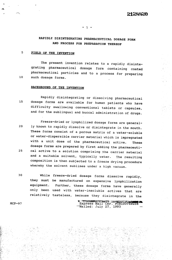 Canadian Patent Document 2128820. Description 19950128. Image 1 of 18