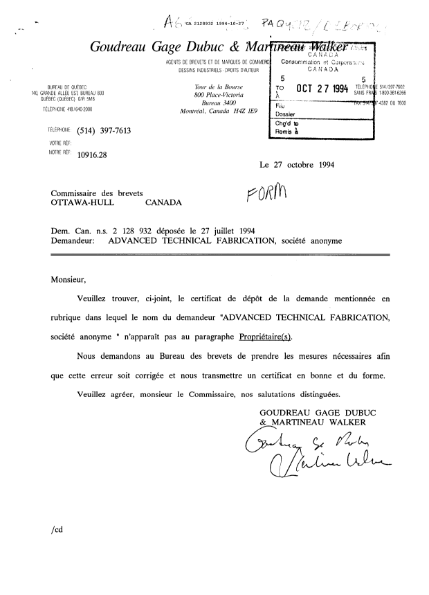 Document de brevet canadien 2128932. Correspondance reliée aux formalités 19941027. Image 1 de 1