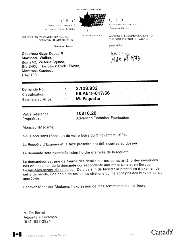 Document de brevet canadien 2128932. Lettre du bureau 19950314. Image 1 de 1