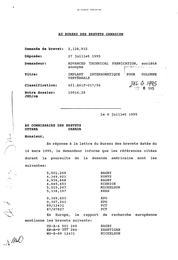 Document de brevet canadien 2128932. Correspondance de la poursuite 19950706. Image 1 de 2