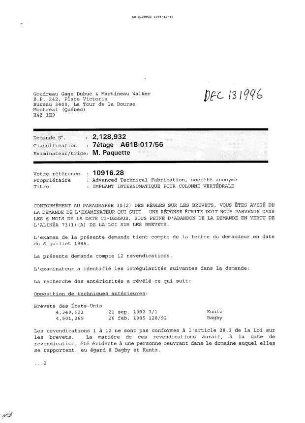 Document de brevet canadien 2128932. Demande d'examen 19961213. Image 1 de 2