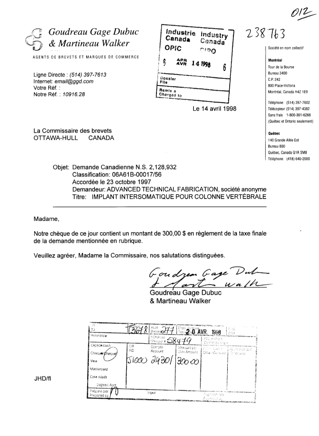 Document de brevet canadien 2128932. Correspondance 19980414. Image 1 de 1