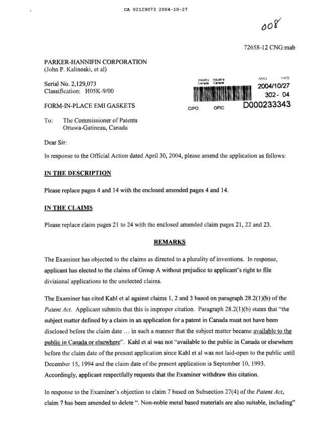 Canadian Patent Document 2129073. Prosecution-Amendment 20041027. Image 1 of 7
