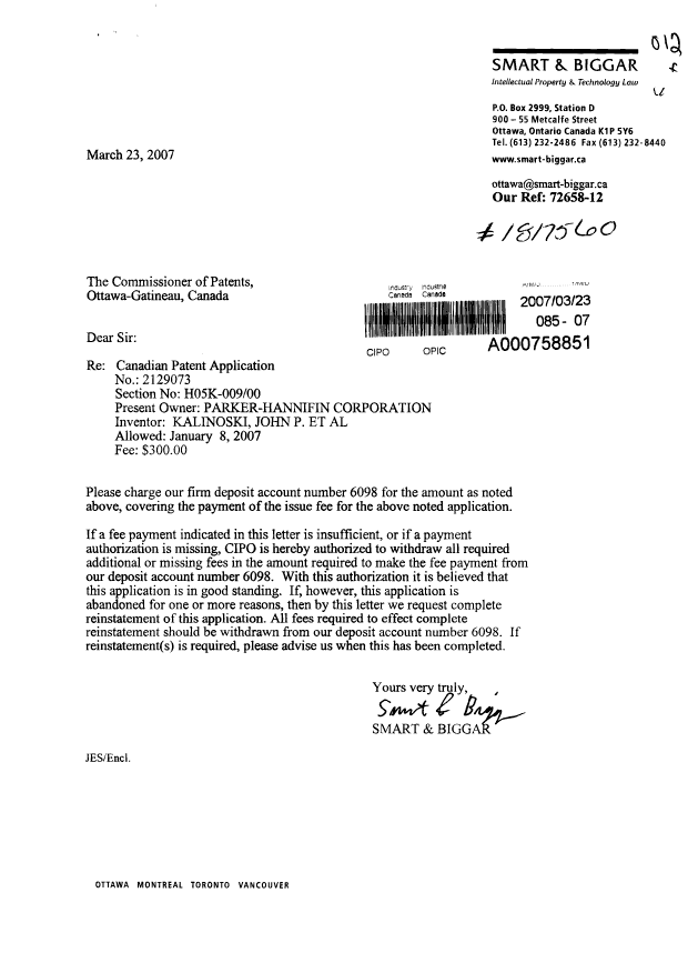 Canadian Patent Document 2129073. Correspondence 20070323. Image 1 of 1