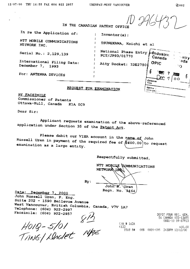 Canadian Patent Document 2129139. Prosecution-Amendment 20001207. Image 1 of 2