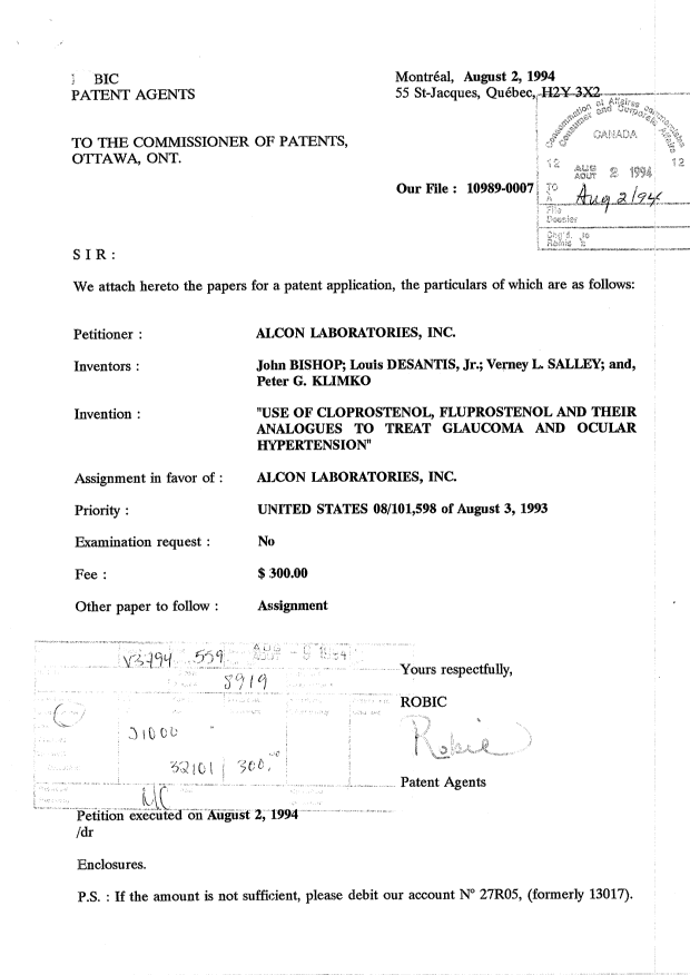 Document de brevet canadien 2129287. Cession 19931202. Image 1 de 22