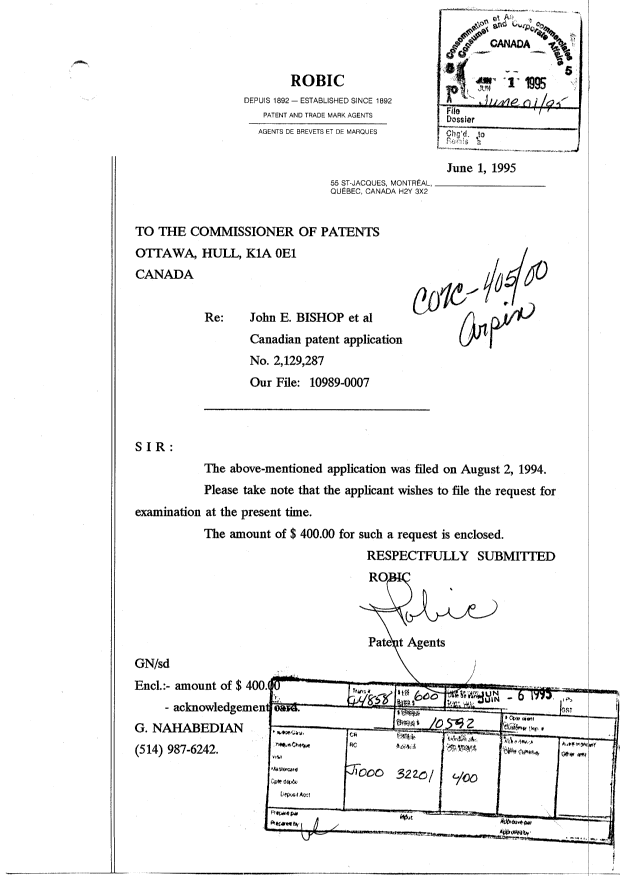 Canadian Patent Document 2129287. Prosecution-Amendment 19941201. Image 1 of 2