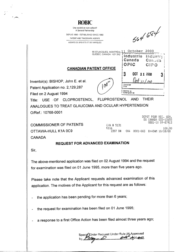 Canadian Patent Document 2129287. Prosecution-Amendment 19991211. Image 1 of 3