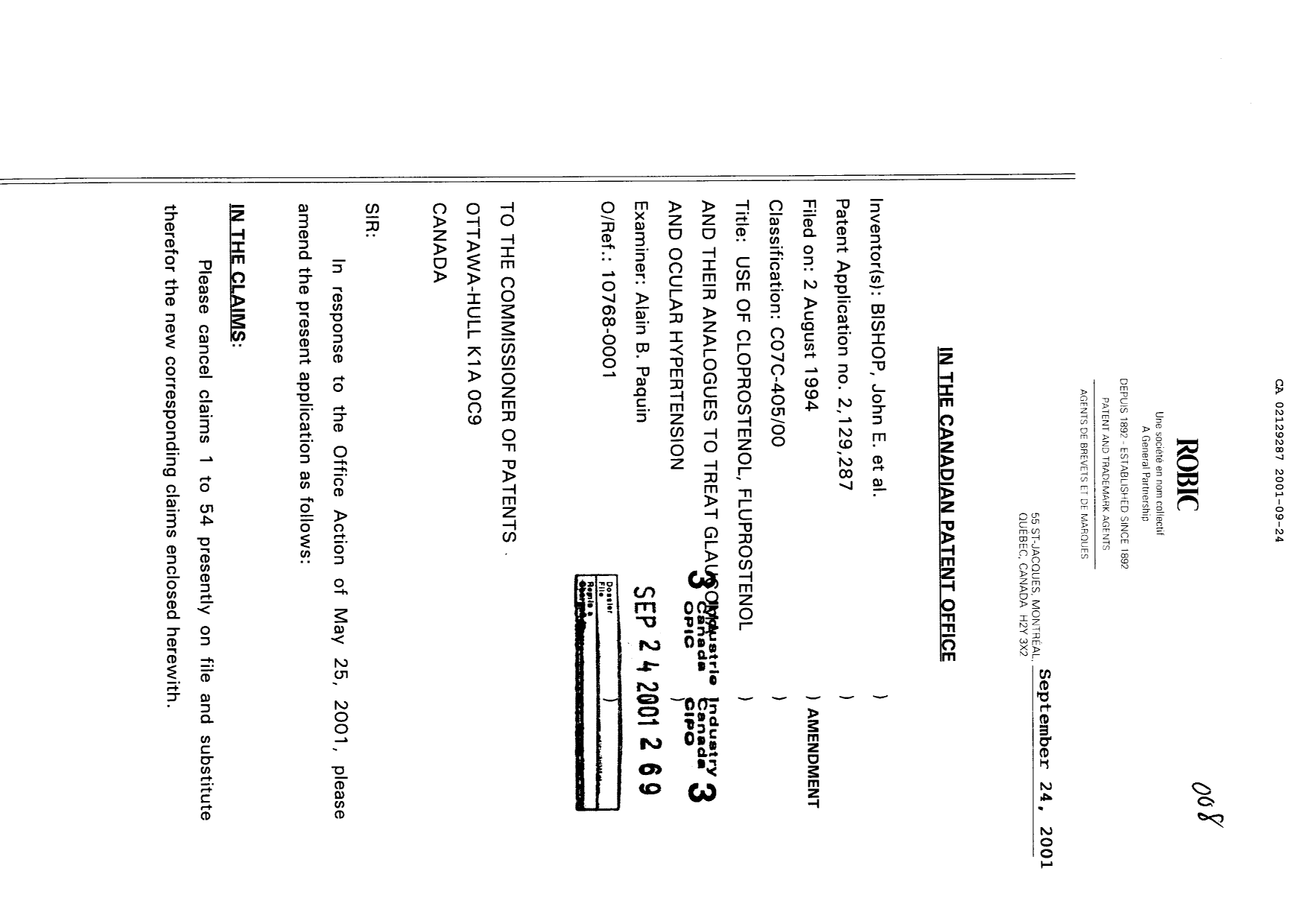 Document de brevet canadien 2129287. Poursuite-Amendment 20001224. Image 1 de 16