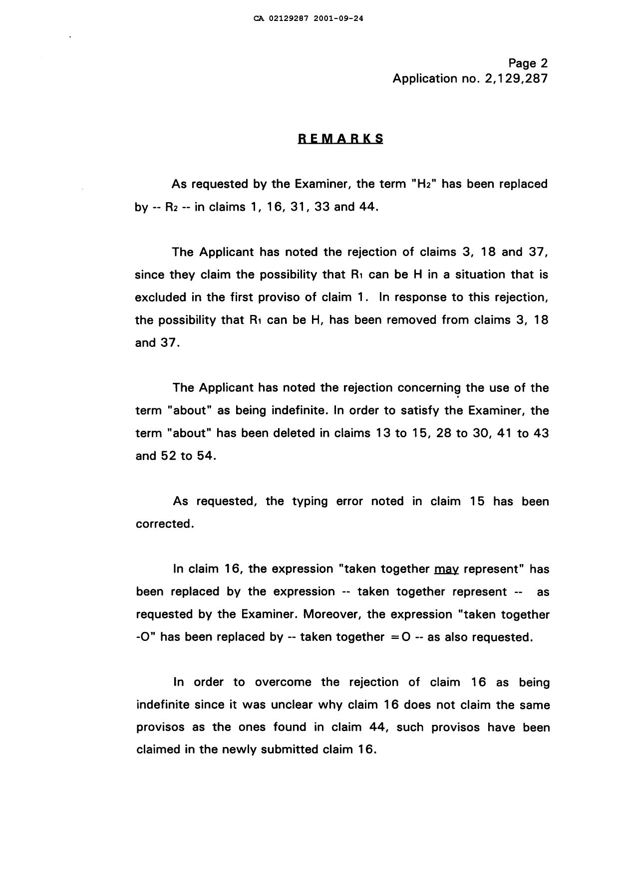 Document de brevet canadien 2129287. Poursuite-Amendment 20001224. Image 2 de 16