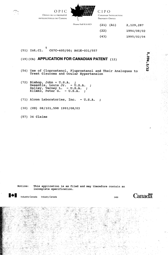 Canadian Patent Document 2129287. Cover Page 20001227. Image 1 of 1
