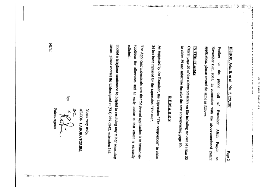 Canadian Patent Document 2129287. Prosecution-Amendment 20001229. Image 2 of 4